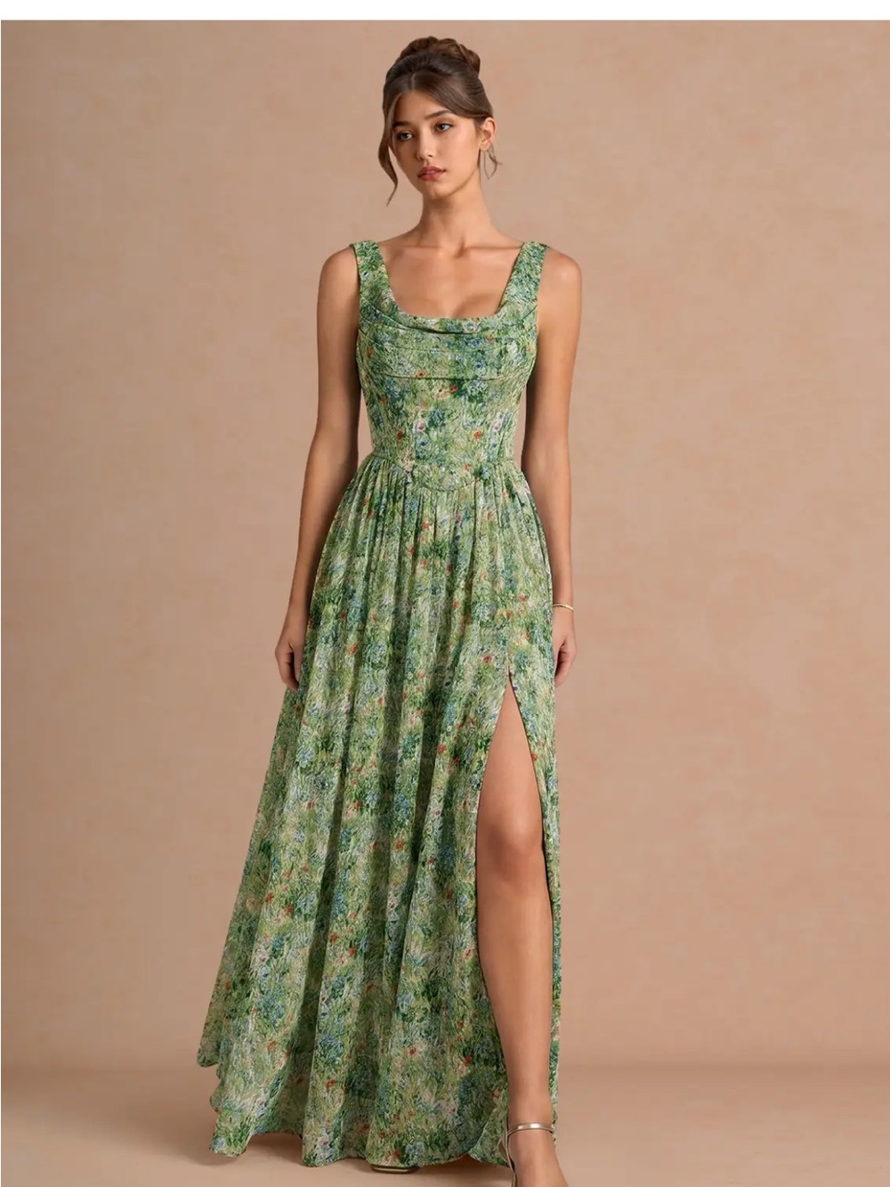 Azazie Green Floral, Low Back Gown
